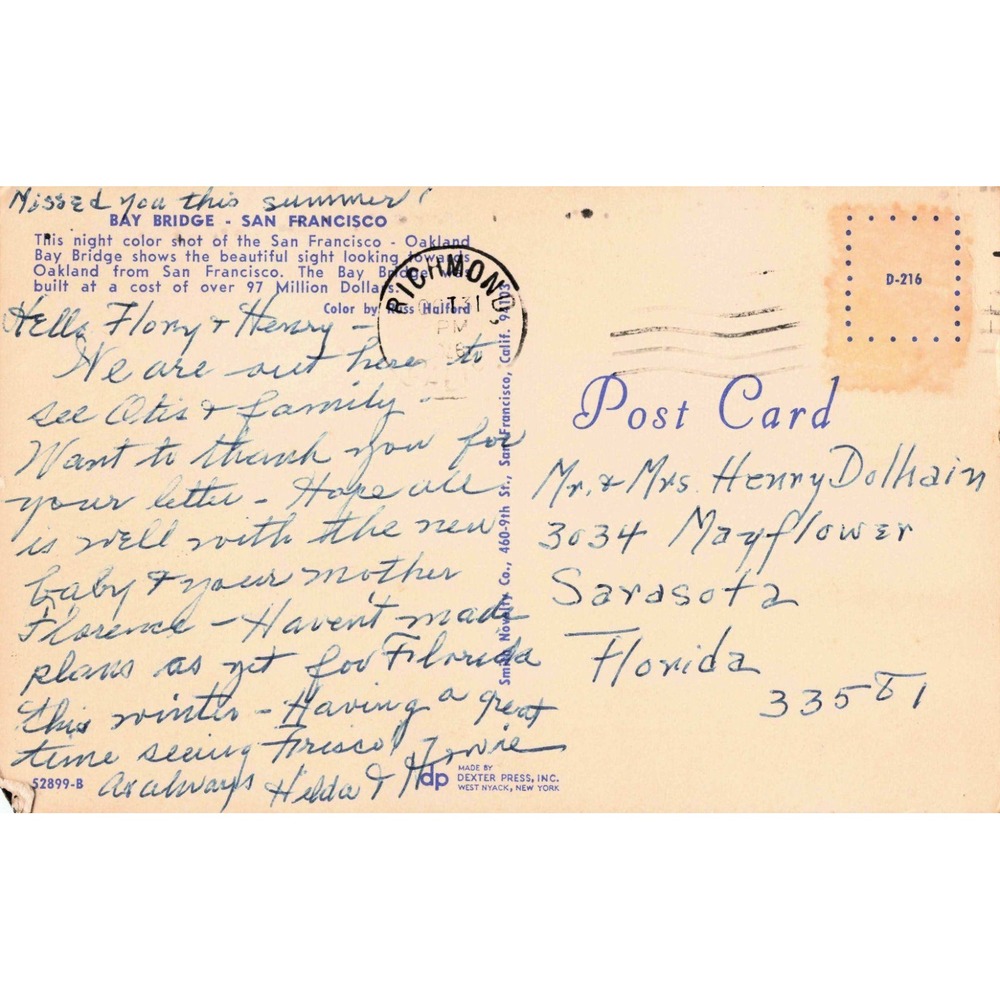 Vintage San Francisco Bay Bridge Night View Postcard Richmond CA Postmark VG - Picture 2 of 2